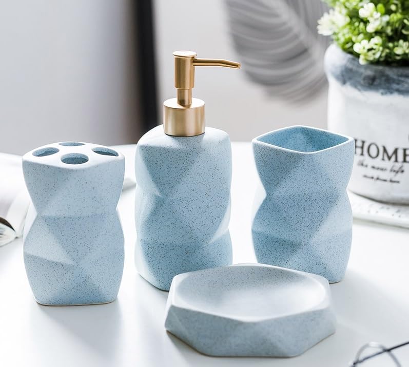 Homestic Bathroom Accessories Set | Ceramic Bathroom Tooth Brush Holder | Bathroom Soap Holder Dish | Kitchen Soap Dispenser 380 ML | Water Cup 380 ML | ZX031BU-4T | Set of 4 | Blue - Image 1
