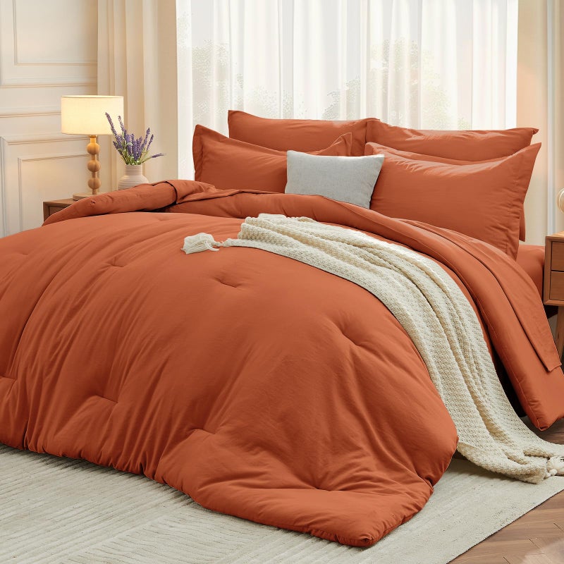 MUXHOMO 7 Pieces Queen Comforter Set Soft Bed in a Bag Queen Size All Season Bedding Set with Comforter Flat Sheet Fitted Sheet Pillowcases  Shams Burnt Orange