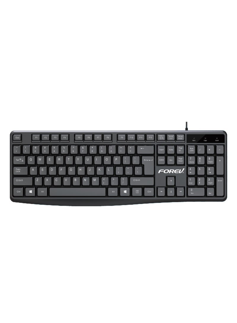 Forev Office Wired USB keyboard pro, FV-K10 Black , USB cable 1.5M length , 104 keys soft touch key,  Arabic / English - Image 1