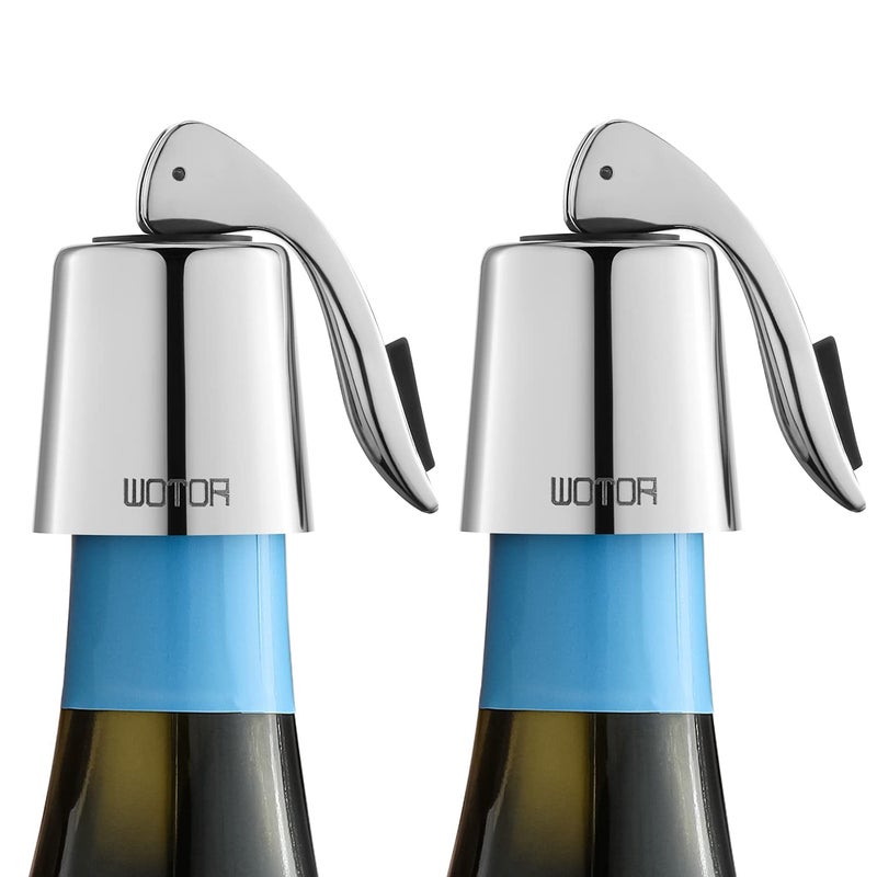 WOTOR Stainless Steel Wine Bottle Stoppers with Silicone - Reusable Wine Saver and Decorative Bottle Sealer, Leakproof, Keep Fresh, Silver, 2 Pack - Image 1