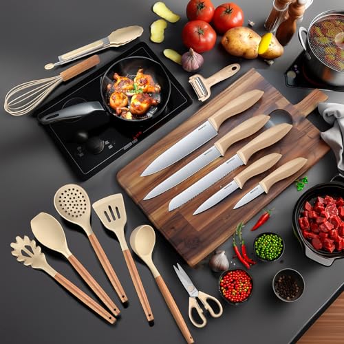 RAXCO Cooking Utensils Set,12-Piece Kitchen Utensils and Accessories,6-Piece Knife set,utensilios de cocina,Khiki - Image 2