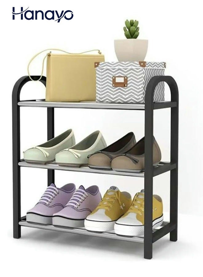Hanayo Shoe Rack Organizer Free Standing Shoe Rack 3-Tier Metal Shoe Shelf Storage Small Free Standing Shoe Organizer 6 Pairs Shoe Storage Shelf for Closet Entryway Hallway Bedroom(Black) - Image 1