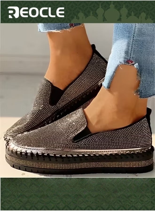 REOCLE Women's Flats Shoes Rhinestone thick-soled slip-ons Sneakers Casual Comfort Platform Walking Shoes Cute Bowknot Glitter Bling Loafers - Image 1