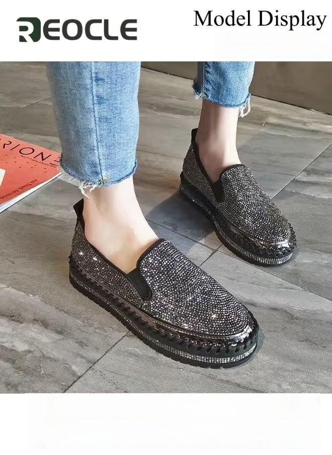 REOCLE Women's Flats Shoes Rhinestone thick-soled slip-ons Sneakers Casual Comfort Platform Walking Shoes Cute Bowknot Glitter Bling Loafers - Image 4