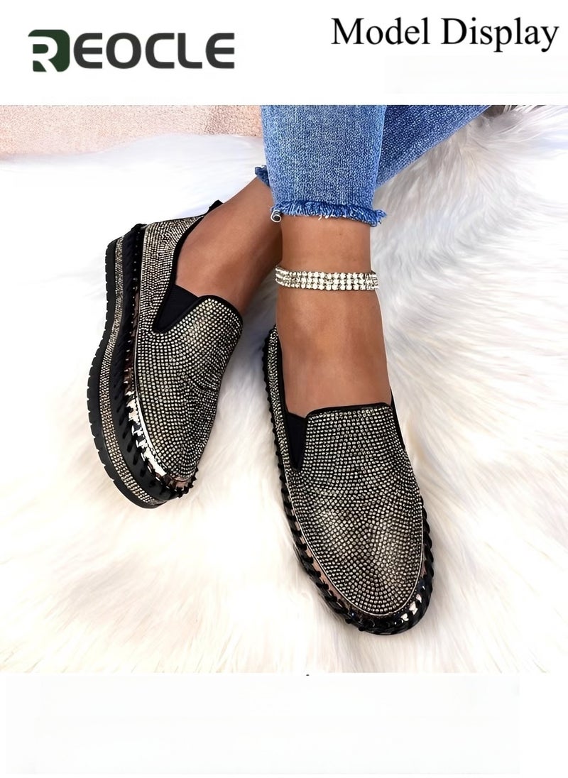 REOCLE Women's Flats Shoes Rhinestone thick-soled slip-ons Sneakers Casual Comfort Platform Walking Shoes Cute Bowknot Glitter Bling Loafers - Image 2