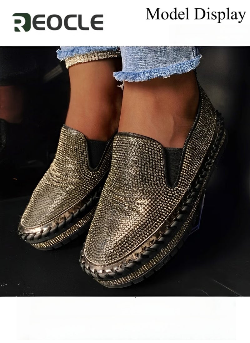 REOCLE Women's Flats Shoes Rhinestone thick-soled slip-ons Sneakers Casual Comfort Platform Walking Shoes Cute Bowknot Glitter Bling Loafers - Image 5