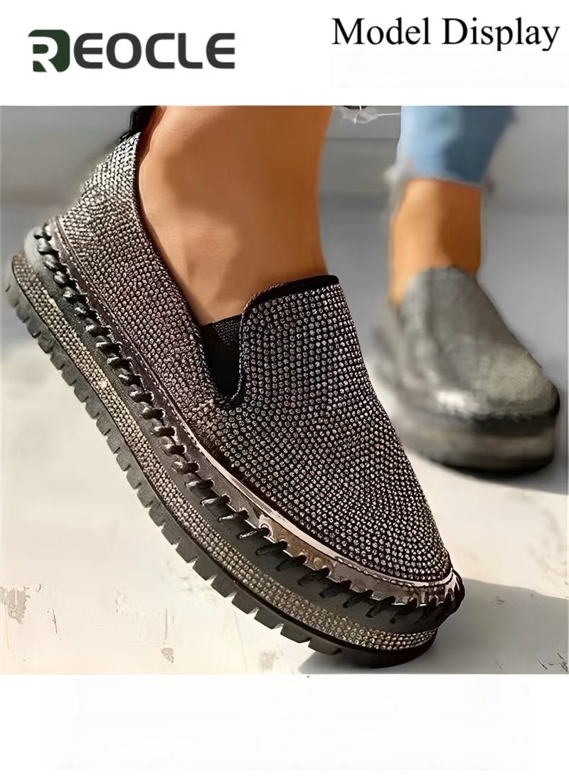 REOCLE Women's Flats Shoes Rhinestone thick-soled slip-ons Sneakers Casual Comfort Platform Walking Shoes Cute Bowknot Glitter Bling Loafers - Image 3