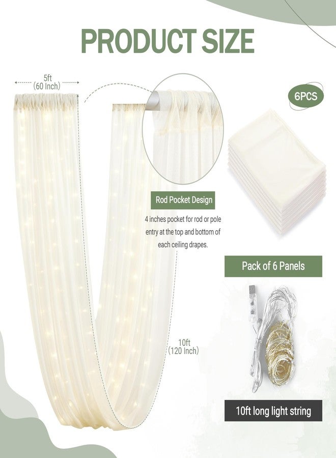 Shillance 6 Panels Ivory Ceiling Drapes with Lights String for Wedding Ceiling Drapes 5ftx10ft Wedding Draping Fabric Sheer Curtains Tulle Ceiling Drapery Wedding Decorations for Home Party Ceremony Stage Swag - Image 5