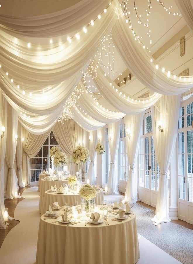 Shillance 6 Panels Ivory Ceiling Drapes with Lights String for Wedding Ceiling Drapes 5ftx10ft Wedding Draping Fabric Sheer Curtains Tulle Ceiling Drapery Wedding Decorations for Home Party Ceremony Stage Swag - Image 1