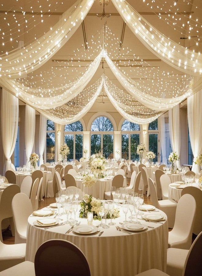 Shillance 6 Panels Ivory Ceiling Drapes with Lights String for Wedding Ceiling Drapes 5ftx10ft Wedding Draping Fabric Sheer Curtains Tulle Ceiling Drapery Wedding Decorations for Home Party Ceremony Stage Swag - Image 2