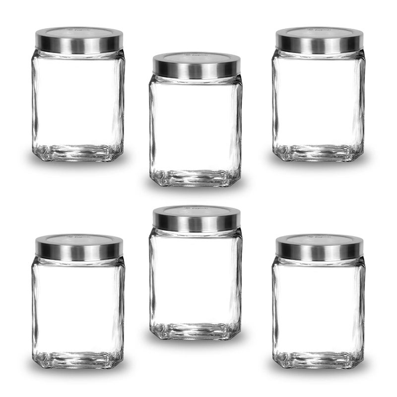 CROCO JAR Cubical Glass Jar 600 ml BPA Free Glass jars for kitchen storage Kitchen Containers with lid Multipurpose Jar Glass Storage Container See Through Cap Pack Of 6 - Image 1