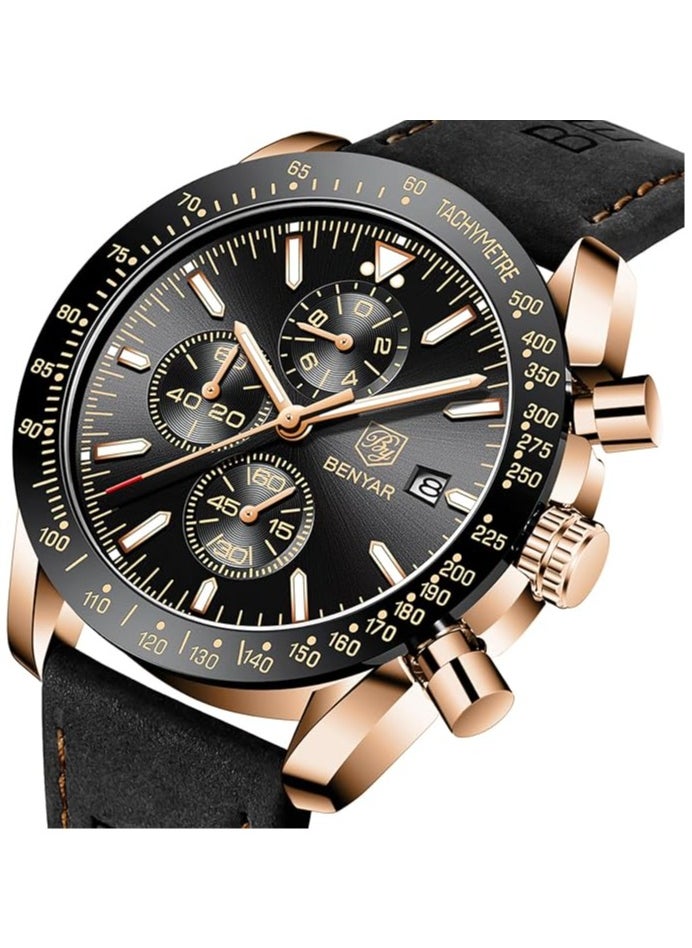 BENYAR - Mens Watch Waterproof Chronograph Date Watch for Men Leather Strap Quartz Movement Analog Watch Business Casual Gift for Men - Image 1