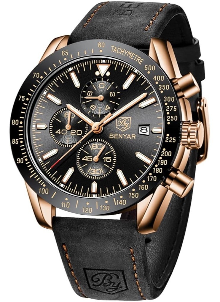BENYAR - Mens Watch Waterproof Chronograph Date Watch for Men Leather Strap Quartz Movement Analog Watch Business Casual Gift for Men - Image 1