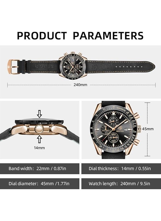 BENYAR - Mens Watch Waterproof Chronograph Date Watch for Men Leather Strap Quartz Movement Analog Watch Business Casual Gift for Men - Image 1