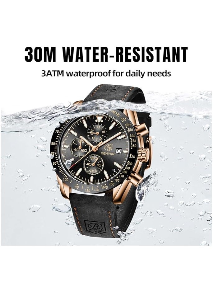 BENYAR - Mens Watch Waterproof Chronograph Date Watch for Men Leather Strap Quartz Movement Analog Watch Business Casual Gift for Men - Image 1