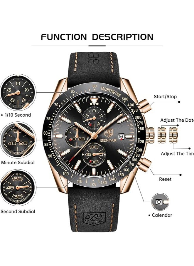BENYAR - Mens Watch Waterproof Chronograph Date Watch for Men Leather Strap Quartz Movement Analog Watch Business Casual Gift for Men - Image 1