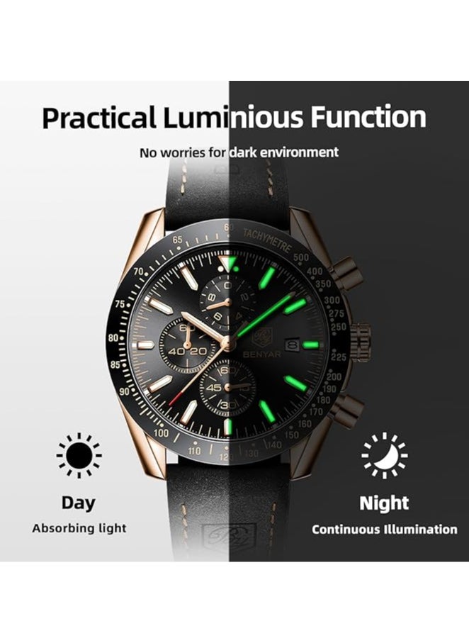 BENYAR - Mens Watch Waterproof Chronograph Date Watch for Men Leather Strap Quartz Movement Analog Watch Business Casual Gift for Men - Image 1