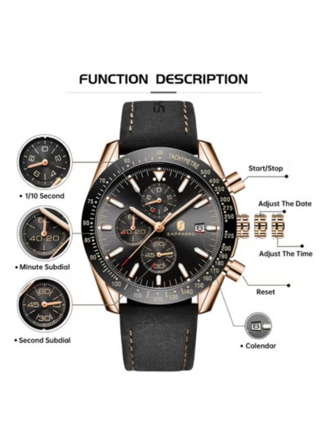 Sapphero Mens Watch Waterproof Chronograph Date Watch for Men Leather Strap Quartz Movement Analog Watch Business Casual Gift for Men - Image 5
