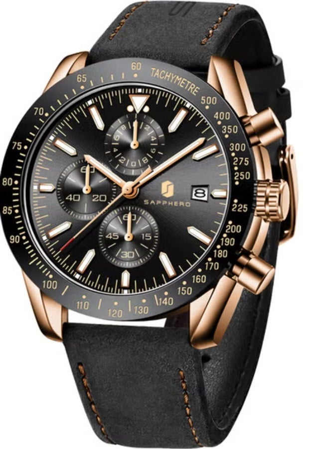 Sapphero Mens Watch Waterproof Chronograph Date Watch for Men Leather Strap Quartz Movement Analog Watch Business Casual Gift for Men - Image 1