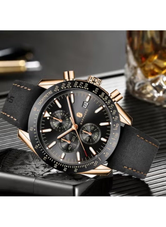 Sapphero Mens Watch Waterproof Chronograph Date Watch for Men Leather Strap Quartz Movement Analog Watch Business Casual Gift for Men - Image 4