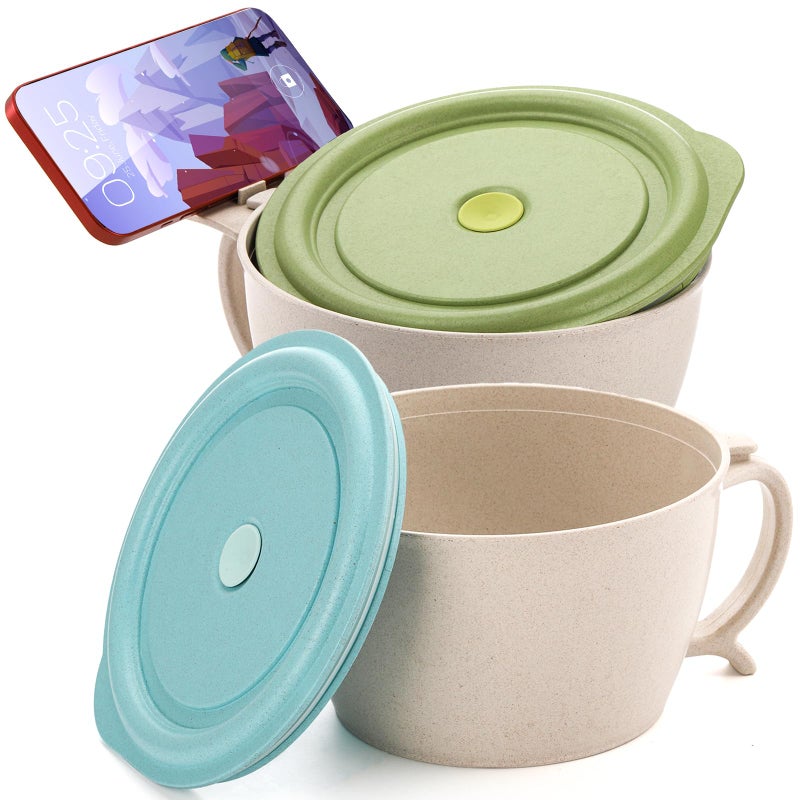 SOUJOY 2 Pack Noodle Bowl With Lid 40 OZ Large Microwave Wheat Straw Soup Bowl with Phone Holder Instant Noodle Bowl for Soup Noodles Ramen