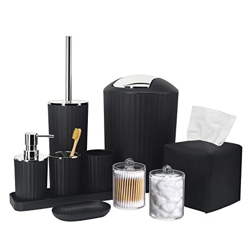 Bthenov Bathroom Accessory Set - 10 Piece Black Bathroom Accessories Set with Trash Can, Toothbrush Holder and Cup, Soap Dispenser, Soap Dish, Toilet Brush Holder, Vanity Tray, Qtip Holder, Tissue Box Cover - Image 1