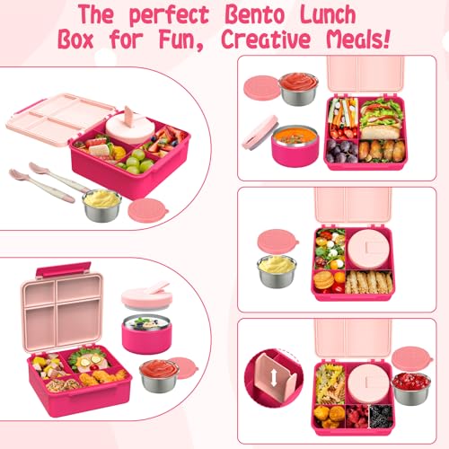 Aimsnk Kids Bento Lunch Box with 8oz Soup Thermo, Kids Leakproof Lunch Food Containers with 4 Compartment,Insulated Hot Food Jar with Lunch Bag for School, Travel (Pink) - Image 4