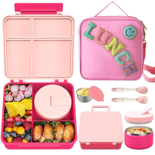 Aimsnk Kids Bento Lunch Box with 8oz Soup Thermo, Kids Leakproof Lunch Food Containers with 4 Compartment,Insulated Hot Food Jar with Lunch Bag for School, Travel (Pink) - Image 1