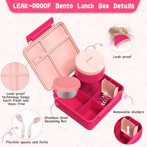 Aimsnk Kids Bento Lunch Box with 8oz Soup Thermo, Kids Leakproof Lunch Food Containers with 4 Compartment,Insulated Hot Food Jar with Lunch Bag for School, Travel (Pink) - Image 3
