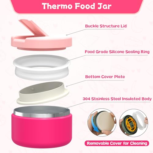 Aimsnk Kids Bento Lunch Box with 8oz Soup Thermo, Kids Leakproof Lunch Food Containers with 4 Compartment,Insulated Hot Food Jar with Lunch Bag for School, Travel (Pink) - Image 2