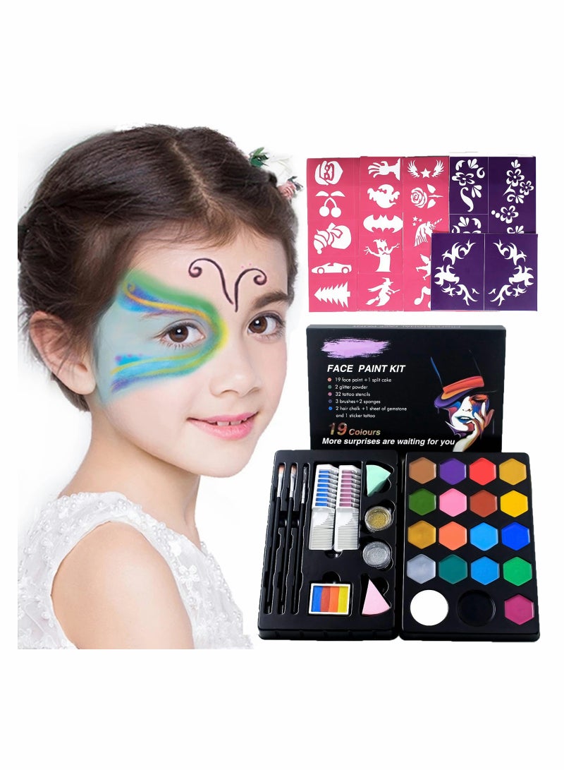 19-Color Washable Face Paint Kit Multicolour with 32 Stencil Stickers, Festivals Makeup Kit, Professional Face Paint Palette, Face Paints Safe for Birthday Party Cosplay - Image 1