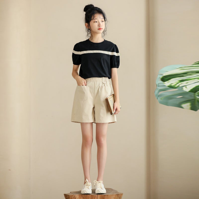 High Quality Elastic Waist Loose Pants 2024 Summer Gentle Sweet Style T-Shirt Junior High School Students Simple Shorts Parent Clothing - Image 5