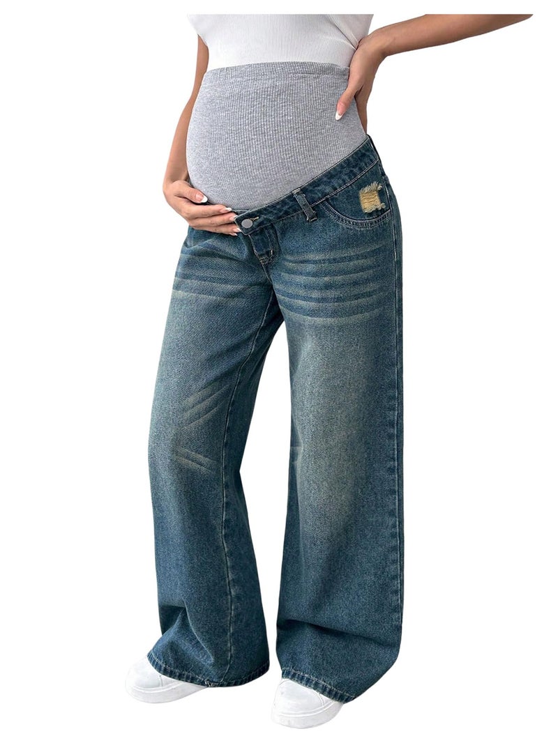 MakeMeChic Women's Maternity Bootcut Jeans Wide Leg Over The Belly Straight Pregnancy Denim Pants Blue Medium - Image 1