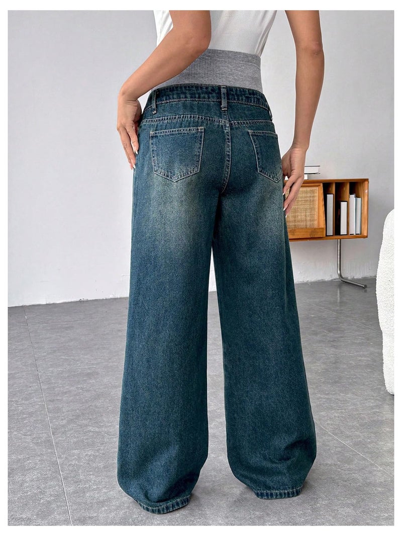 MakeMeChic Women's Maternity Bootcut Jeans Wide Leg Over The Belly Straight Pregnancy Denim Pants Blue Medium - Image 2