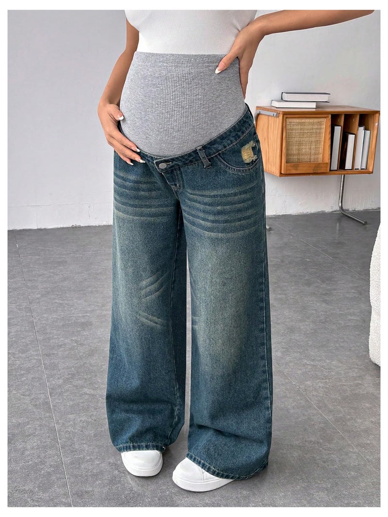 MakeMeChic Women's Maternity Bootcut Jeans Wide Leg Over The Belly Straight Pregnancy Denim Pants Blue Medium - Image 4