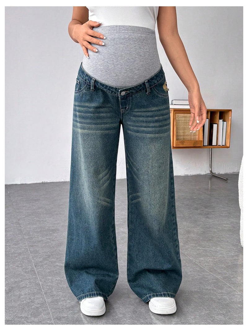 MakeMeChic Women's Maternity Bootcut Jeans Wide Leg Over The Belly Straight Pregnancy Denim Pants Blue Medium - Image 5