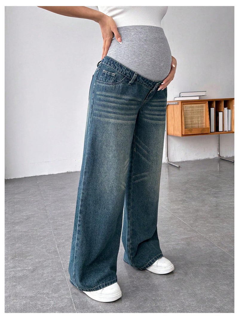 MakeMeChic Women's Maternity Bootcut Jeans Wide Leg Over The Belly Straight Pregnancy Denim Pants Blue Medium - Image 3