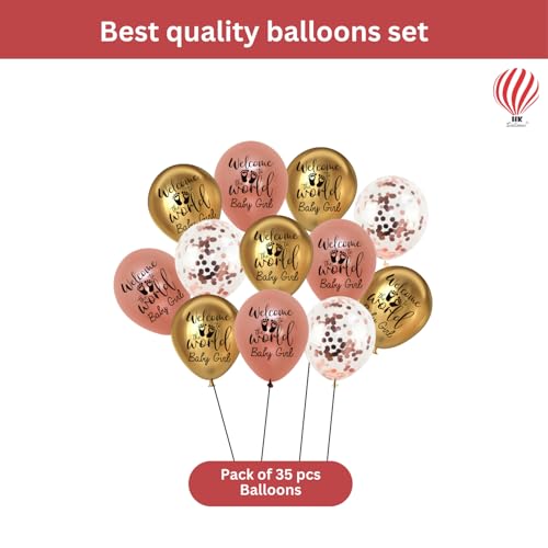 HK balloons Rubber 35Pcs Welcome Baby Decoration Item Welcome To The Word Baby Girl Printed Rose Gold Golden Balloons Shower Decorations Backdrop Decorations Set - Image 3