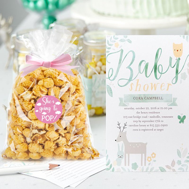Adodotoe 100 Pack Pink Baby Shower Popcorn Bags & Stickers, Clear Plastic Treat Bags with Ribbon for Gift Wrapping, Food Storage & Party Favors - Image 5