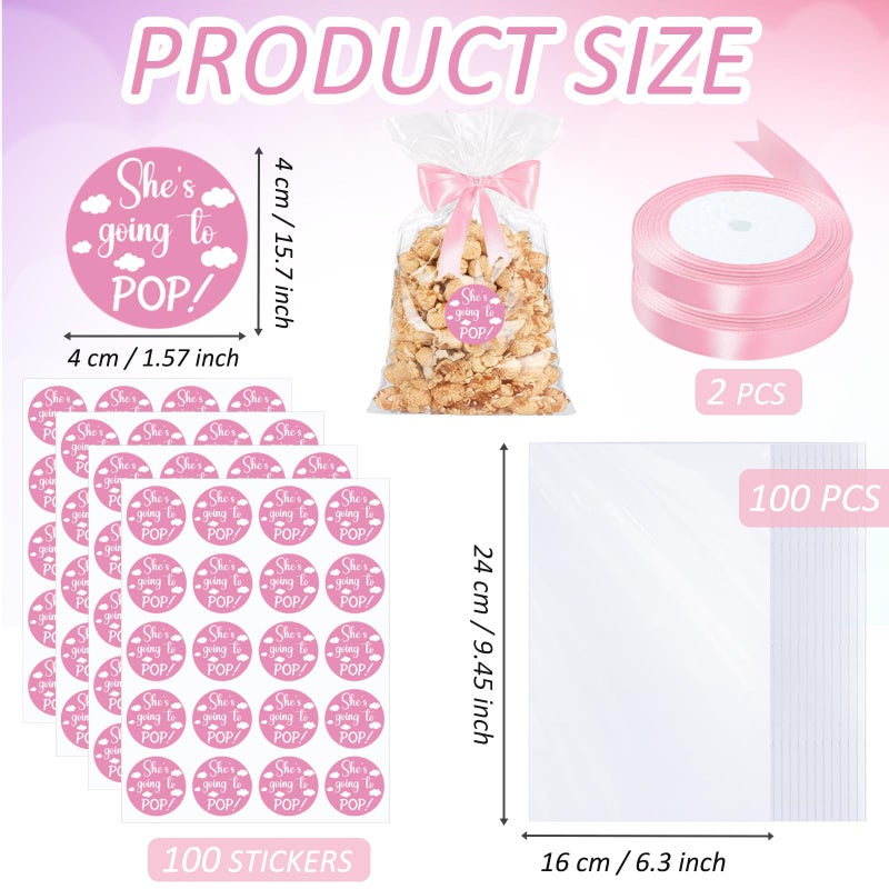 Adodotoe 100 Pack Pink Baby Shower Popcorn Bags & Stickers, Clear Plastic Treat Bags with Ribbon for Gift Wrapping, Food Storage & Party Favors - Image 2
