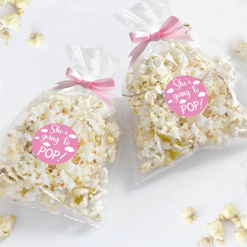 Adodotoe 100 Pack Pink Baby Shower Popcorn Bags & Stickers, Clear Plastic Treat Bags with Ribbon for Gift Wrapping, Food Storage & Party Favors - Image 3