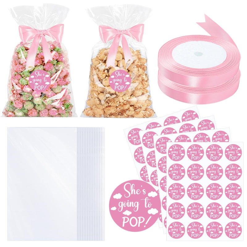 Adodotoe 100 Pack Pink Baby Shower Popcorn Bags & Stickers, Clear Plastic Treat Bags with Ribbon for Gift Wrapping, Food Storage & Party Favors - Image 1