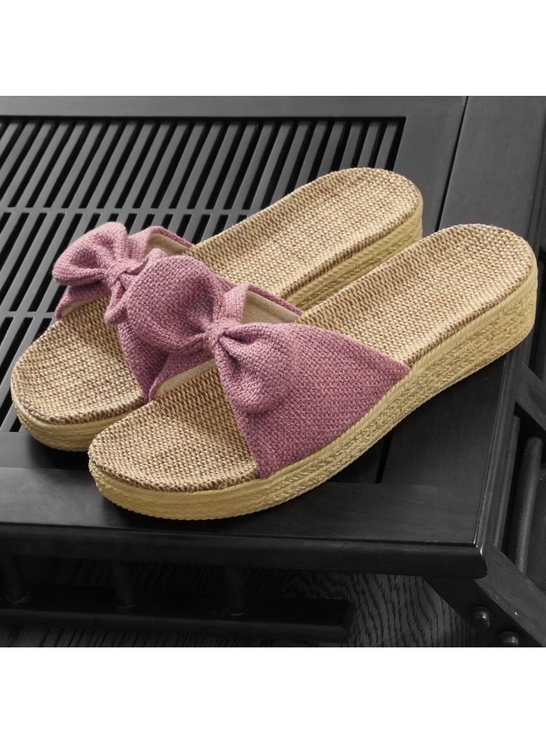 Loquat Women's Solid Color Bowknot Thick Soled Flax Slippers Non Slip Linen Indoor Slippers Open Toe Dusty Pink 