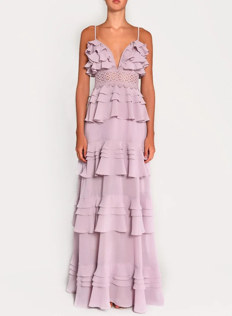 Sophia Dusty Lilac Plunge Front Strappy Tiered Ruffle Maxi Dress