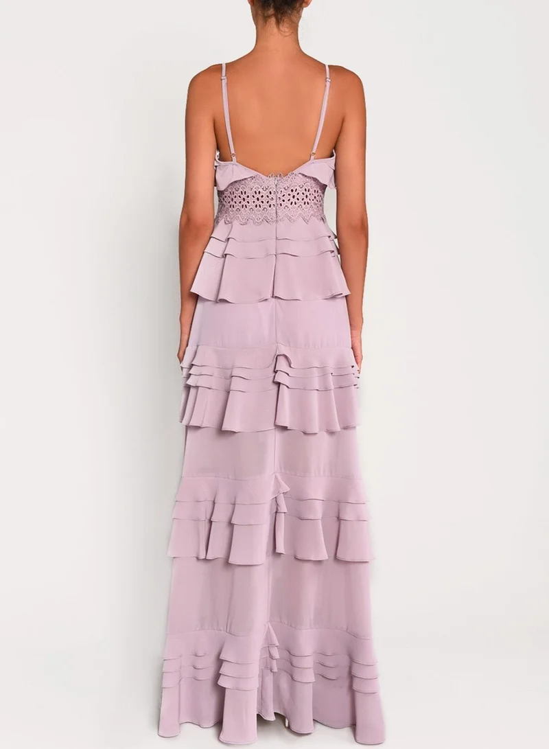 True Decadence Sophia Dusty Lilac Plunge Front Strappy Tiered Ruffle Maxi Dress