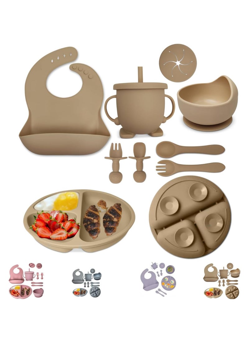 Manvik Baby Feeding Set 10-Piece | Baby Led Weaning Utensils Set Includes Suction Bowl and Plate, Baby Spoon and Fork, Sippy Cup with Straw and Lid | Baby Feeding Supplies Set (B-Beige)  - Image 1
