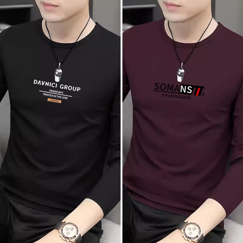 New pure cotton men's long-sleeved t-shirt trendy young and middle-aged round-neck T-shirt loose top and base shirt - Image 3