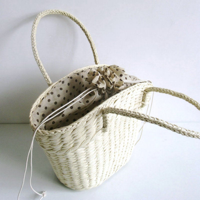 New Trendy Single Shoulder Handbag Woven Straw Bag With A Large Dot Design For Women, Featuring A Polyester Cotton Lining - Image 5