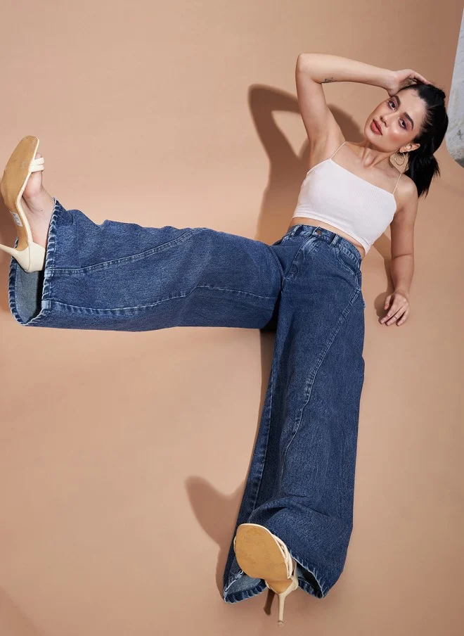 SASSAFRAS Wide Leg Medium Shade Jeans for Women