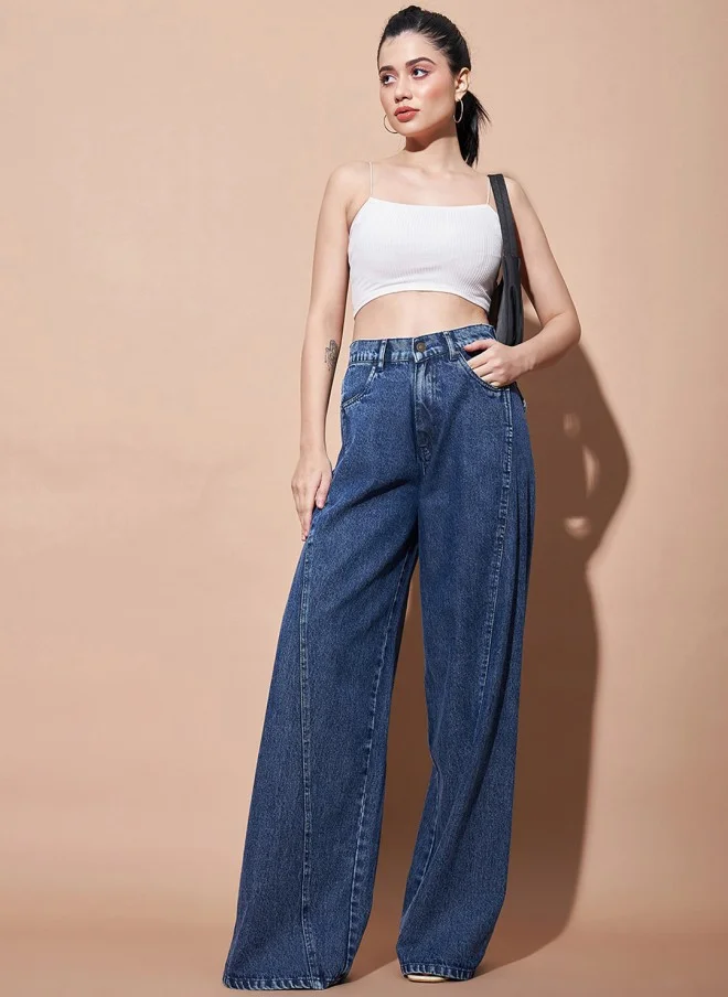 SASSAFRAS Wide Leg Medium Shade Jeans for Women